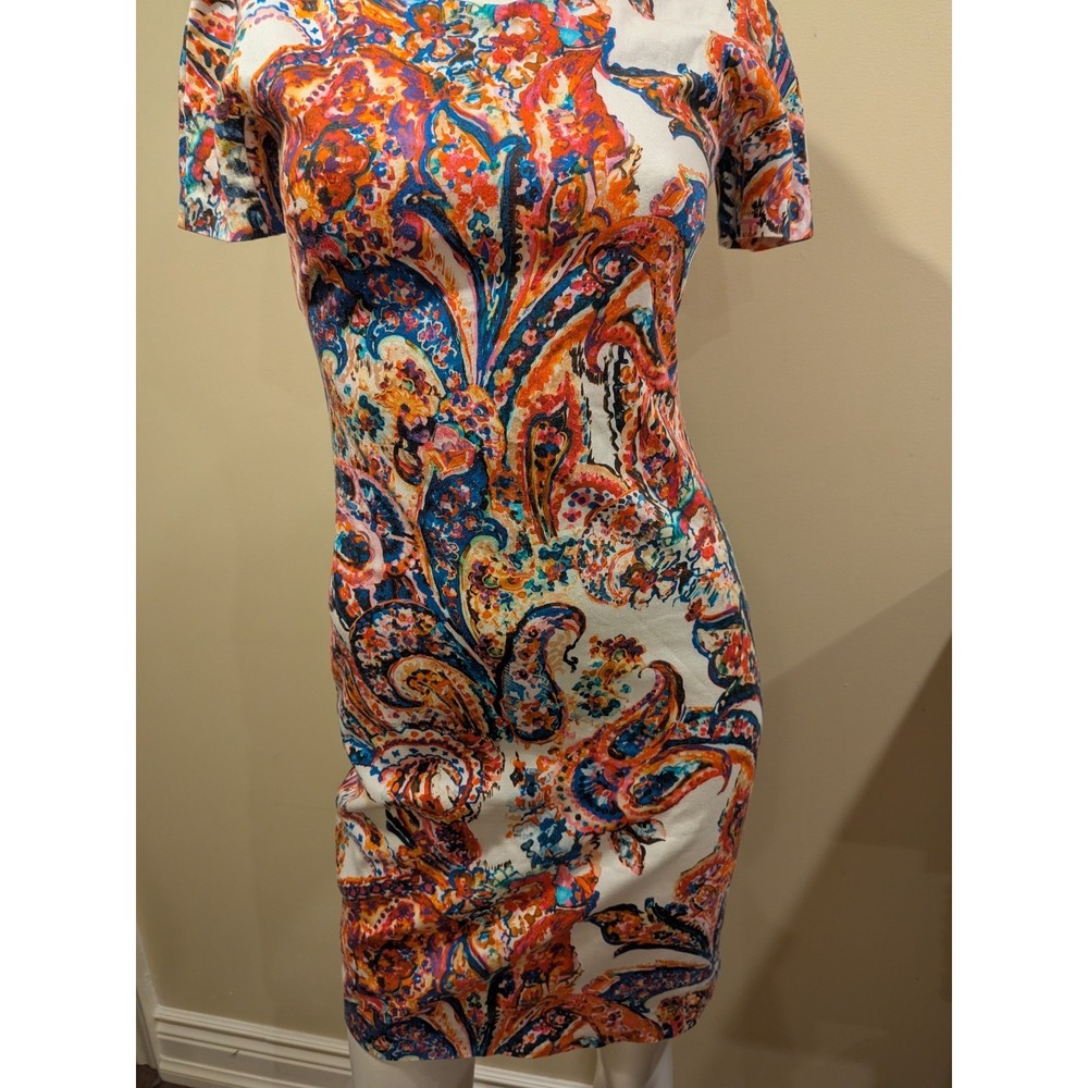 Zara Dress Floral Bright Paisley Stretchy V Neck Cotton Short Sleeve Size XS EUC